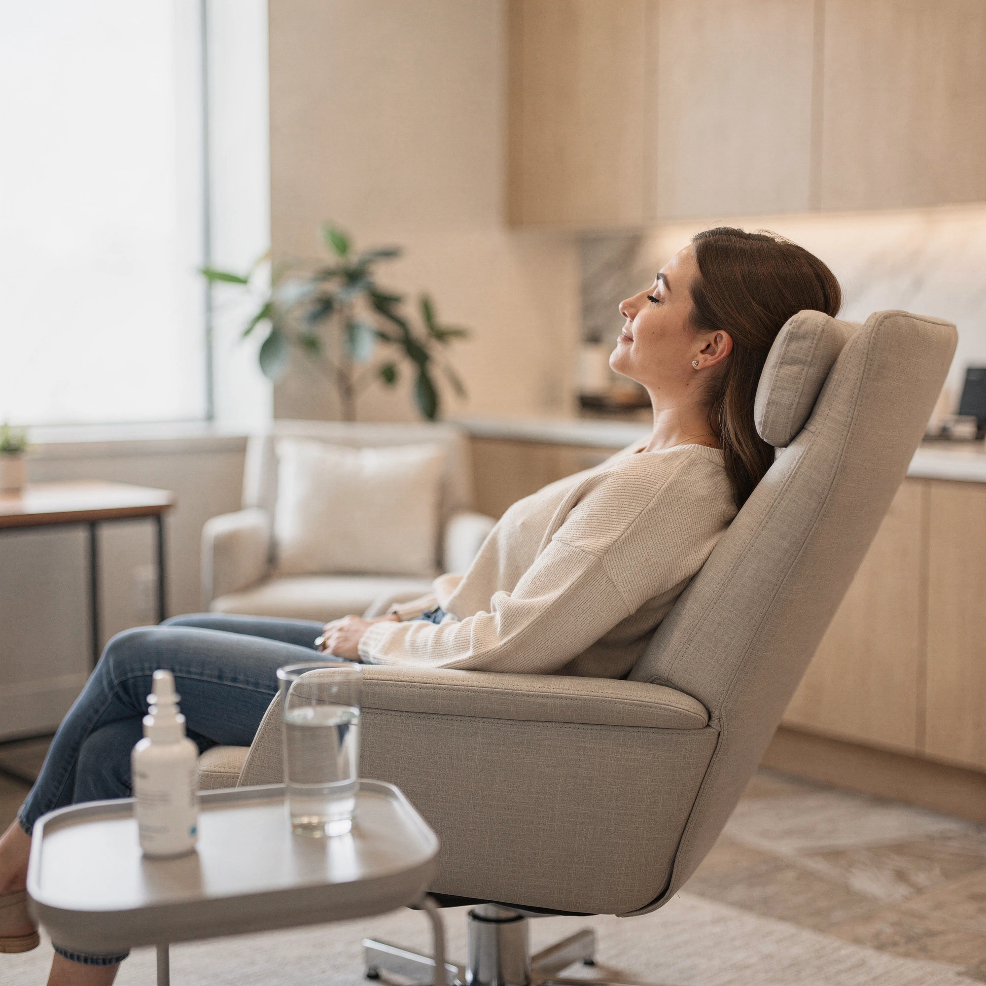 Patient relaxing in a comfortable chair during Spravato treatment at Myndful Wellness